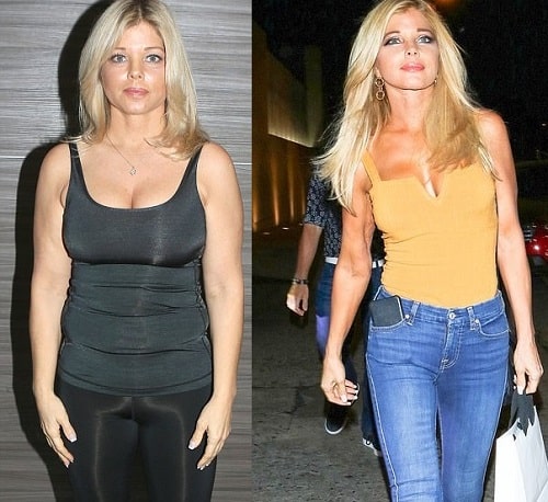 A picture of Donna D'Errico before (left) and after (right)  tummy tuck.